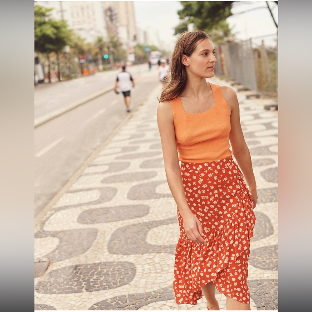 Ruffle-Wrap Midi Skirt in Happy Hibiscus